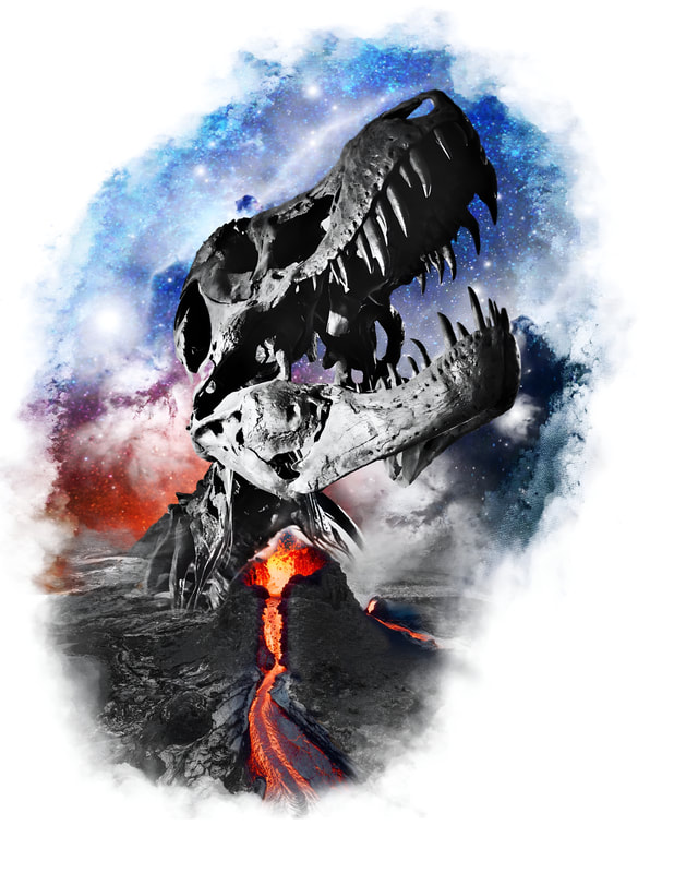 Black and grey dinosaur skull with space and volcano.