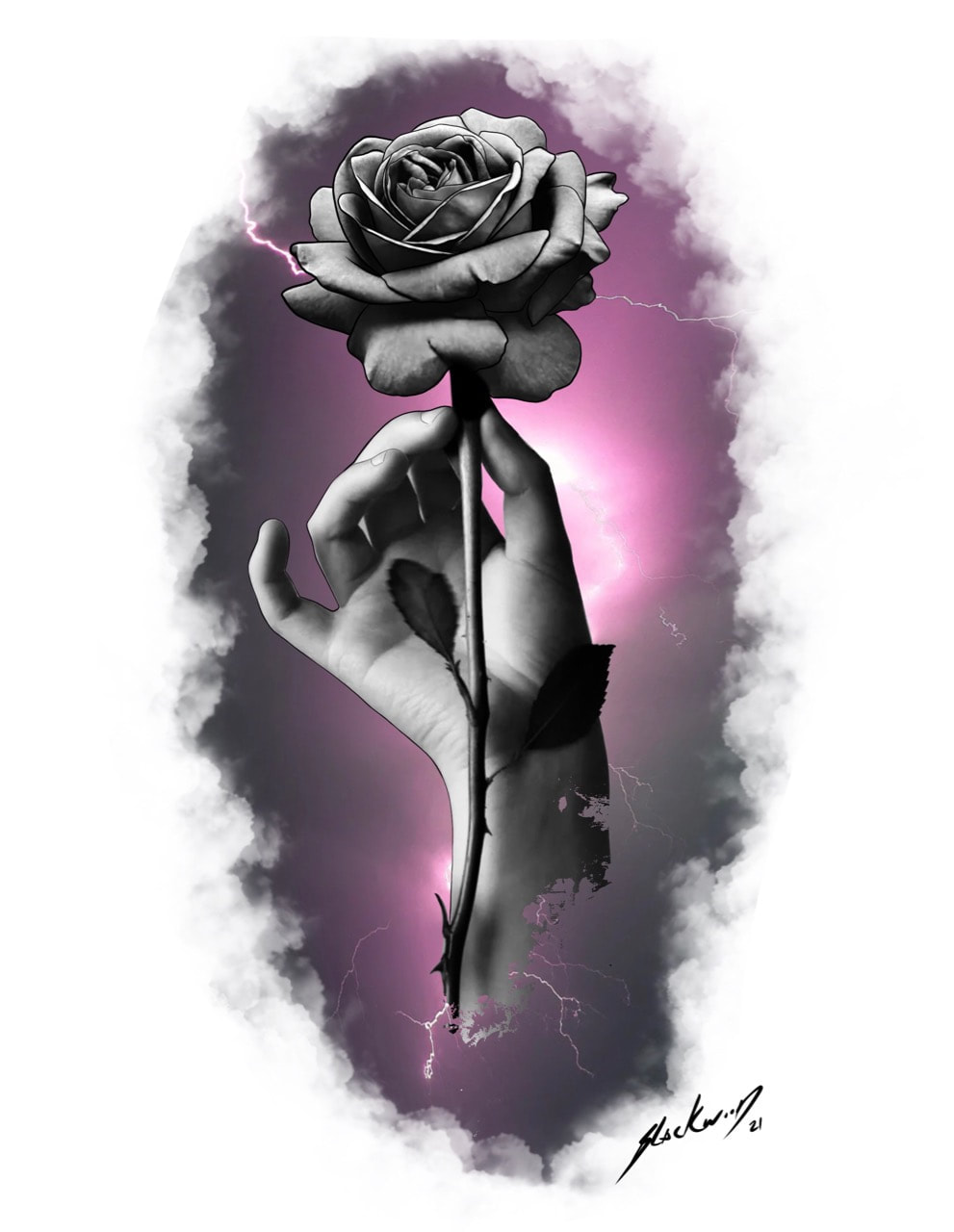 Black and white hand holding a rose with purple lightening background.