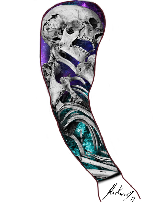 Black and grey skull with purple and blue galaxy background.