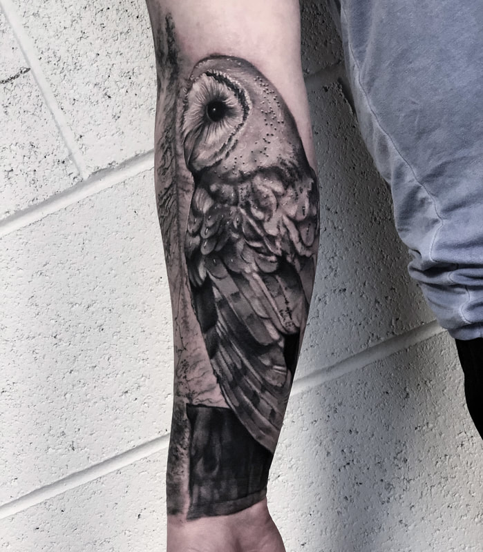 Realistic black and grey portrait of an owl tattoo on forearm.