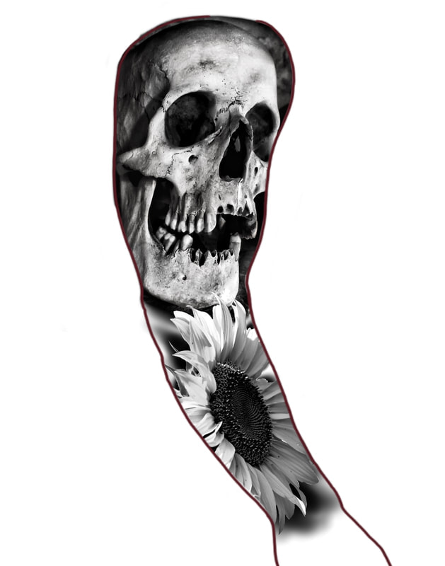 Black and grey skull with sunflower.