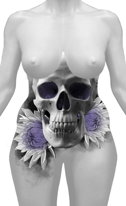 Black and grey skull with purple chrysanthemum flowers under bust belly design. 
