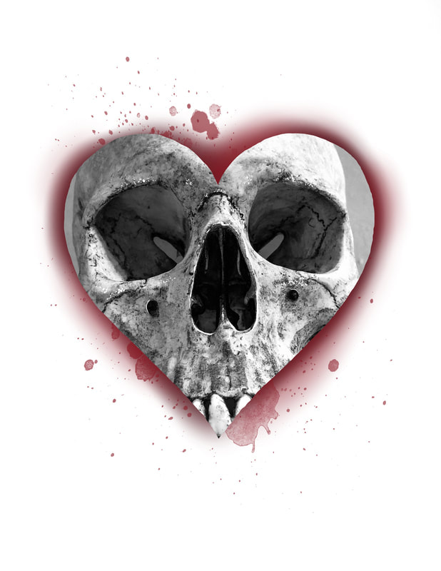 Black and grey skull with red heart background.