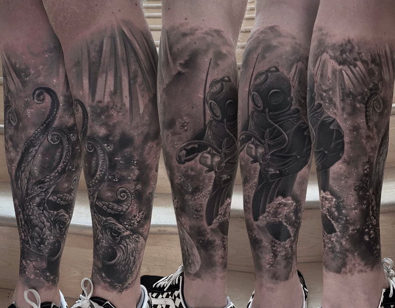 Black and grey realistic tattoo of a diver and octopus on a man's lower leg.