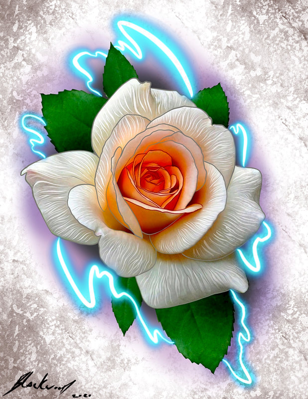 White and peach rose with green leaves and neon blue and purple background.