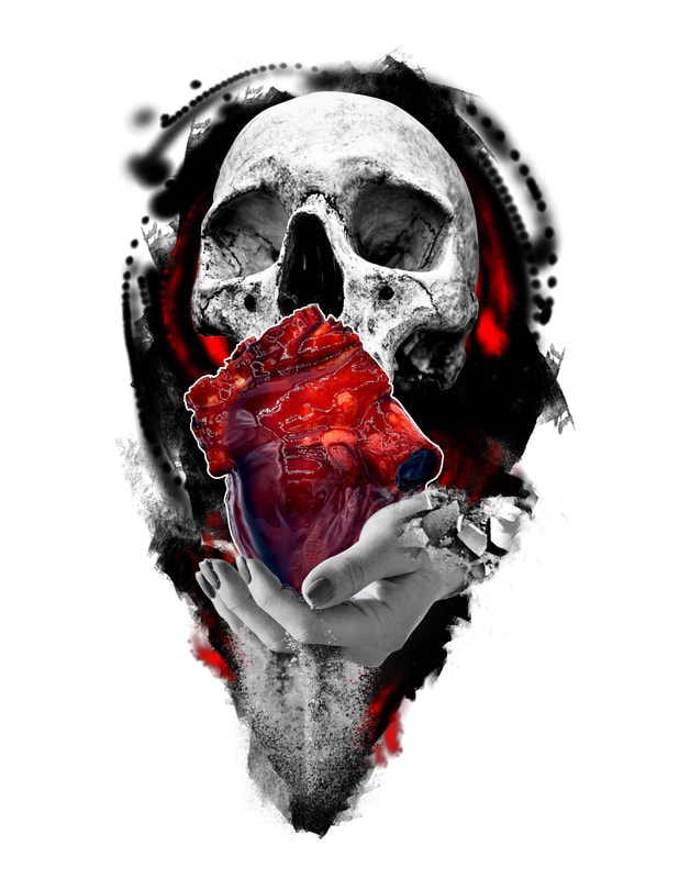 Black and grey skull with red bleeding heart and black splashes.