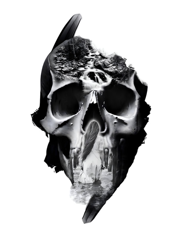 Black and grey skull with girl in water inside of the design.