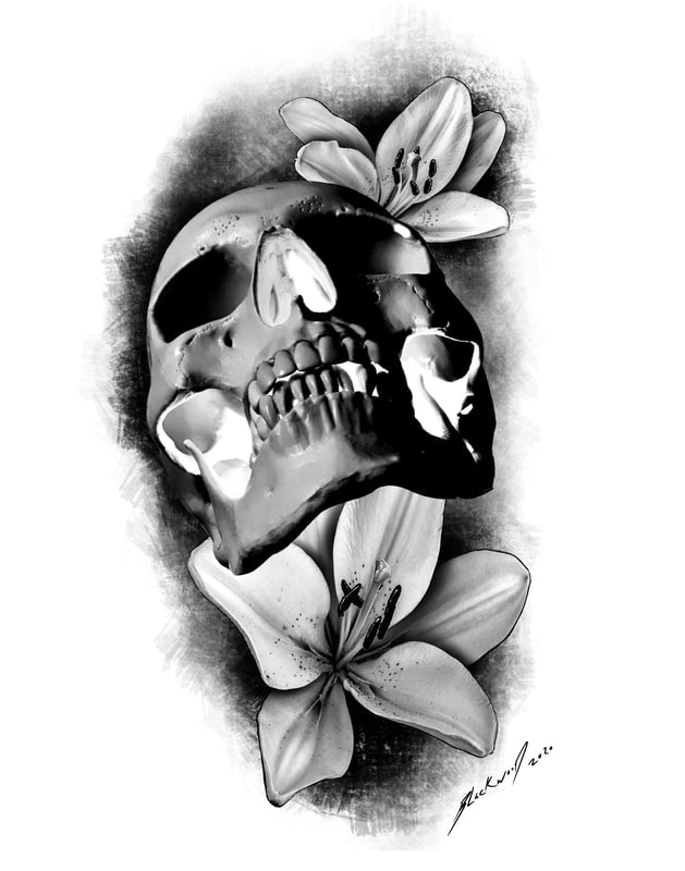 Black and grey skull with lilies and smoke.