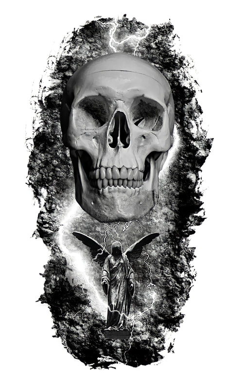 Black and grey skull with angel statue.