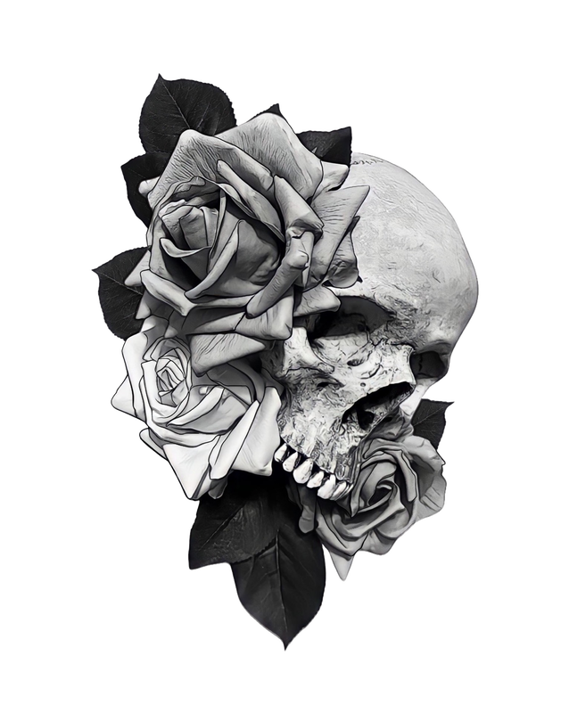 Black and grey skull with roses and leaves.