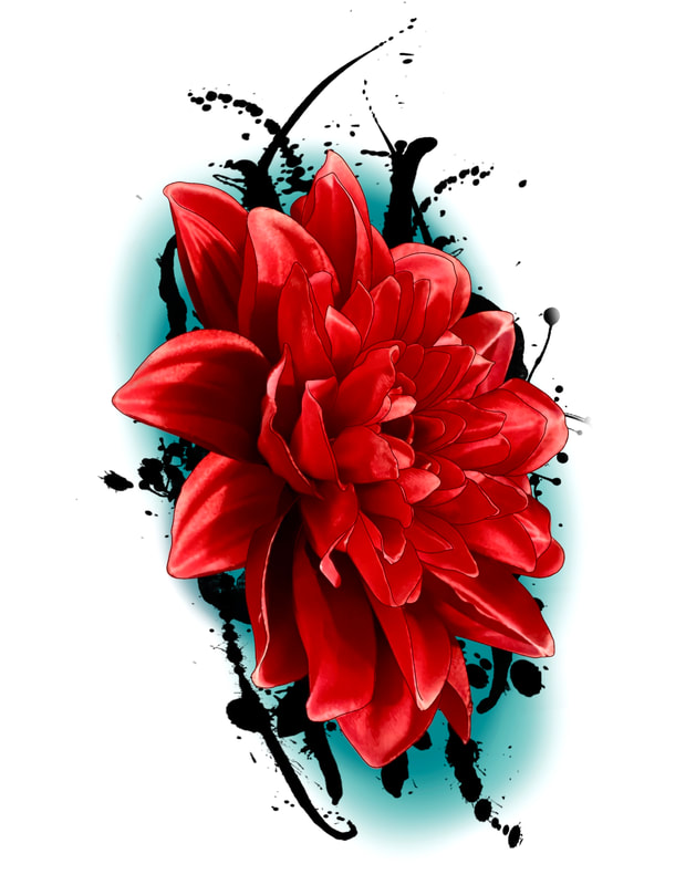 Red dahlia flower with black paint splash and blue.