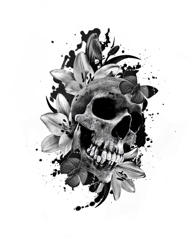Black and grey skull with lilies and butterflies.