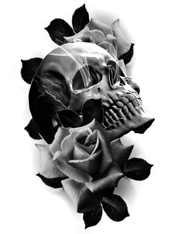 Black and grey skull with roses, leaves, and smoke.