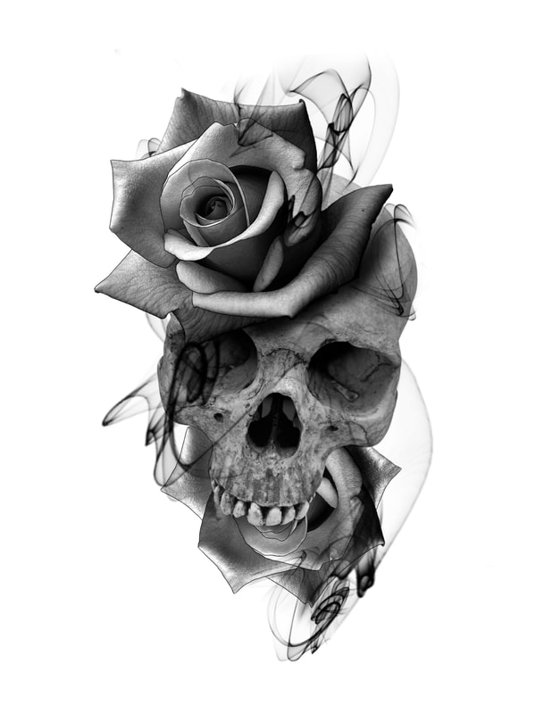 Black and grey skull with rose and smoke.