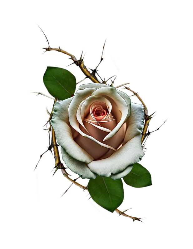White and pink rose with green leaves and thorns.