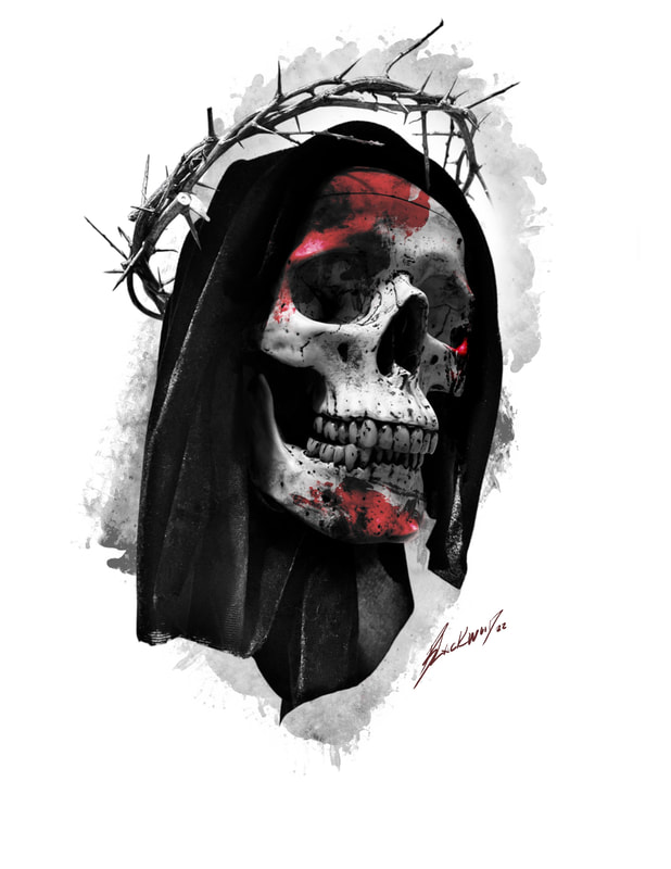 Black and grey grim reaper head with red splashes.