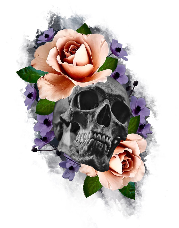 Black and grey skull with orange roses and small purple flowers with green leaves.