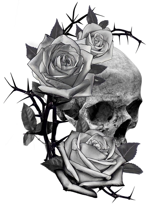 Black and grey skull with roses and thorns.