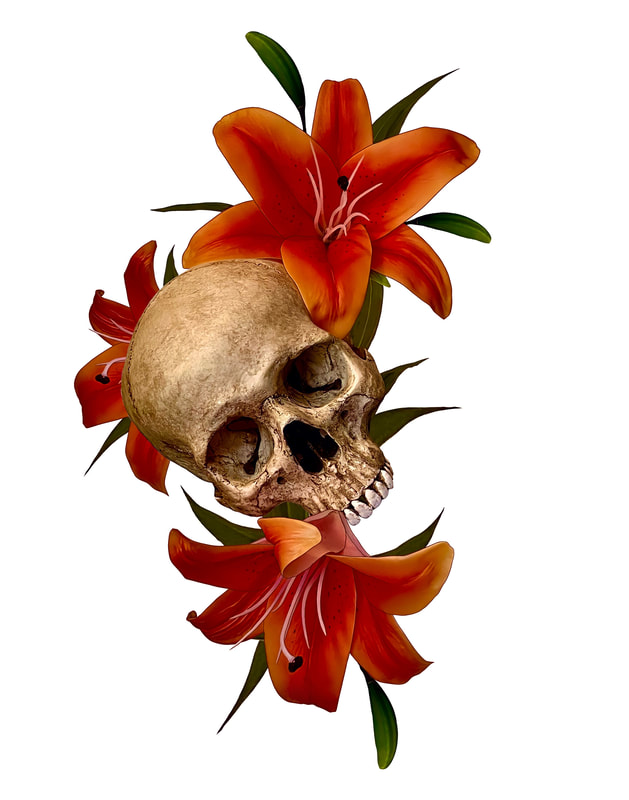 Tan skull with orange lilies.