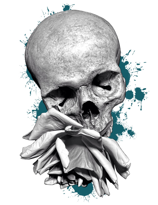 Black and grey skull with flower and blue paint splash.