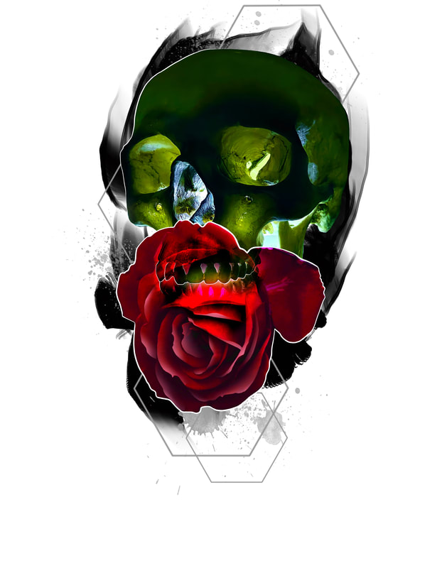 Green skull with red rose and black smoke.
