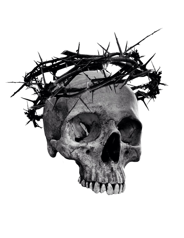 Black and grey skull with crown of thorns.