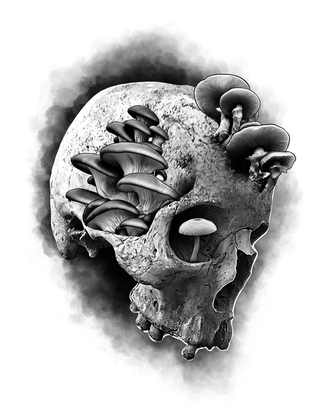 Black and grey mushroom skull.