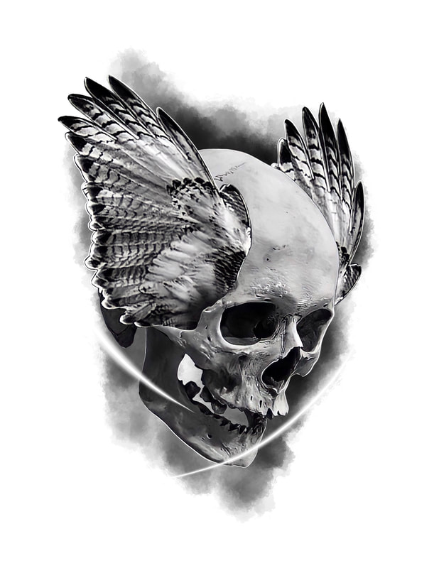 Black and grey skull with wings on head.