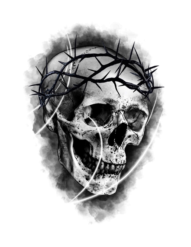Black and grey skull with thorn crown and smoke.