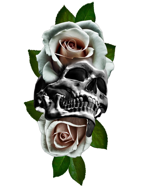 Black and grey skull with pink and white roses and green leaves.