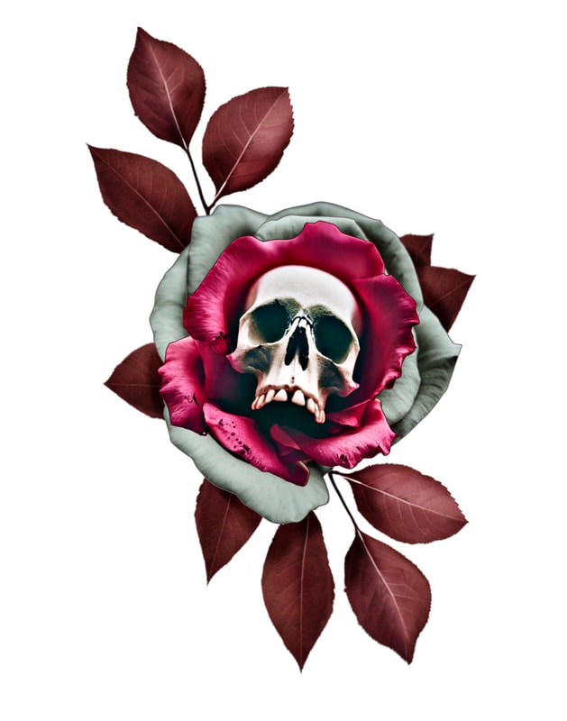 Pink rose with red leaves and skull in the middle.