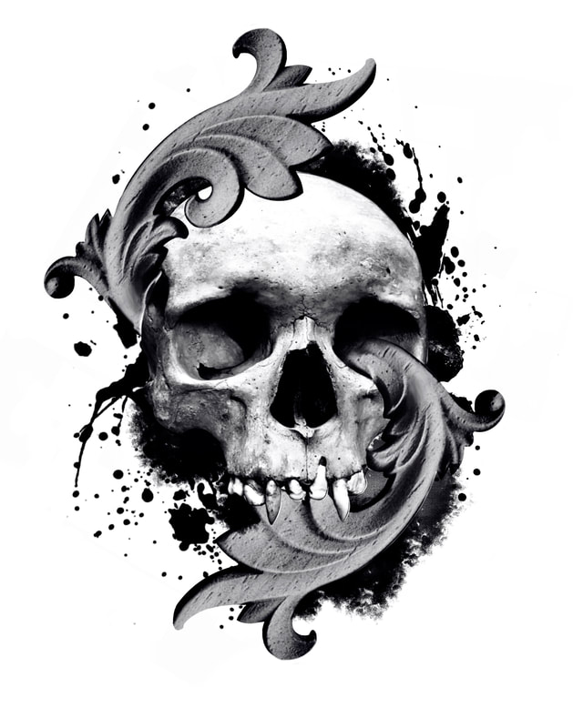 Black and grey skull with filigree and black paint splash.